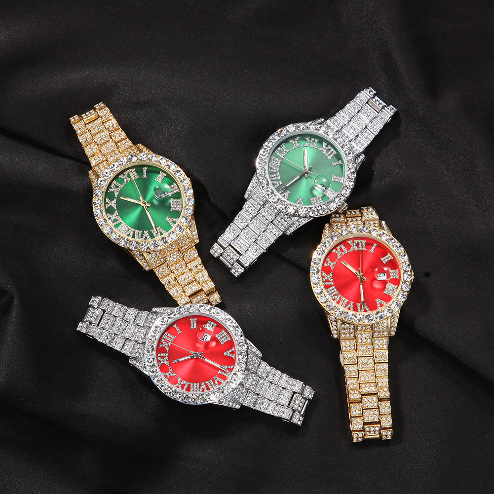 Hip-hop watch with Roman numerals and diamonds, large dial