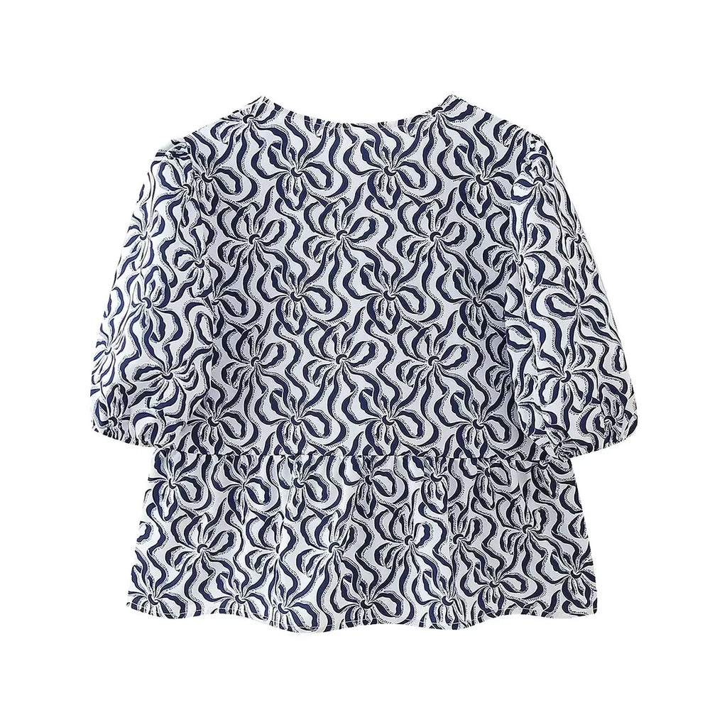 Leopard Blouse Puff Sleeve Crop Top Women's Summer Clothing